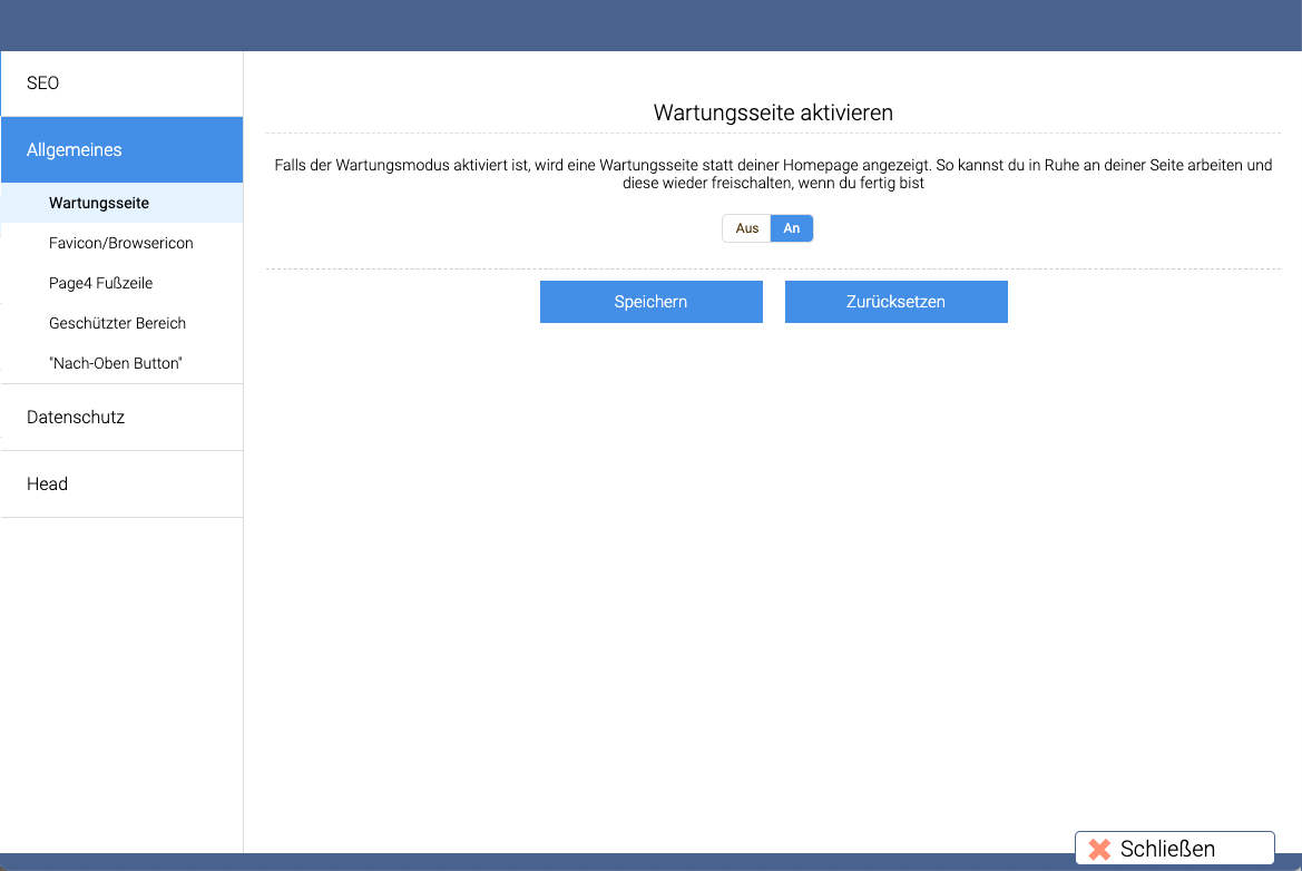 Optionen allgemein wartungsseite eingabe