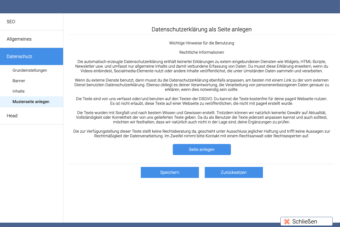 Optionen datenschutz musterseite anlegen