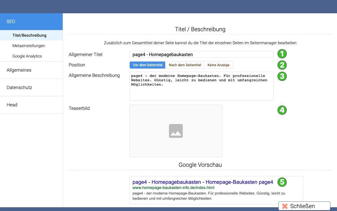 Optionen seo beschreibung eingabe