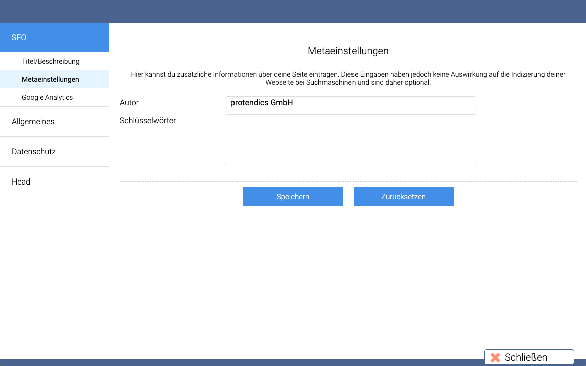 Optionen seo metaeinstellung eingabe
