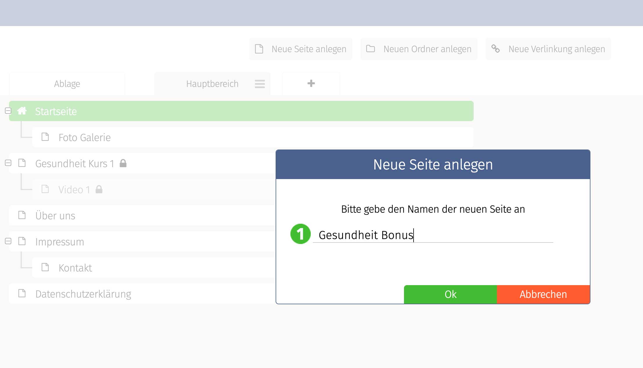 Seiten Bereiche zuweisen Seite anlegen 2