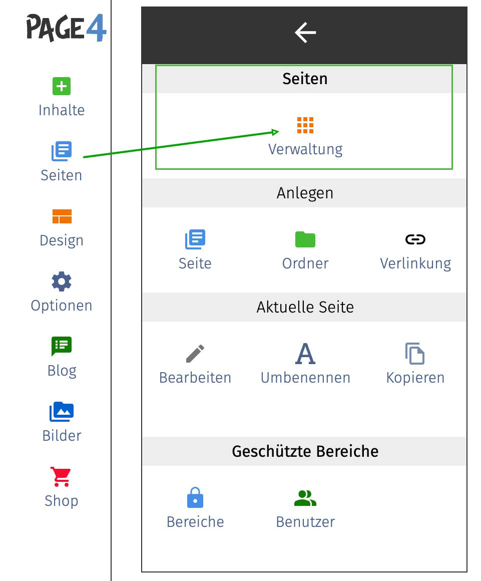 Seitenverwaltung Auswahl